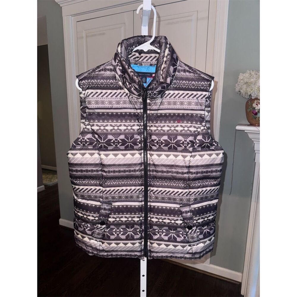 New Tommy Hilfiger Women's Brown Fair Isle Puffer Vest Size L Winter Fall Preppy